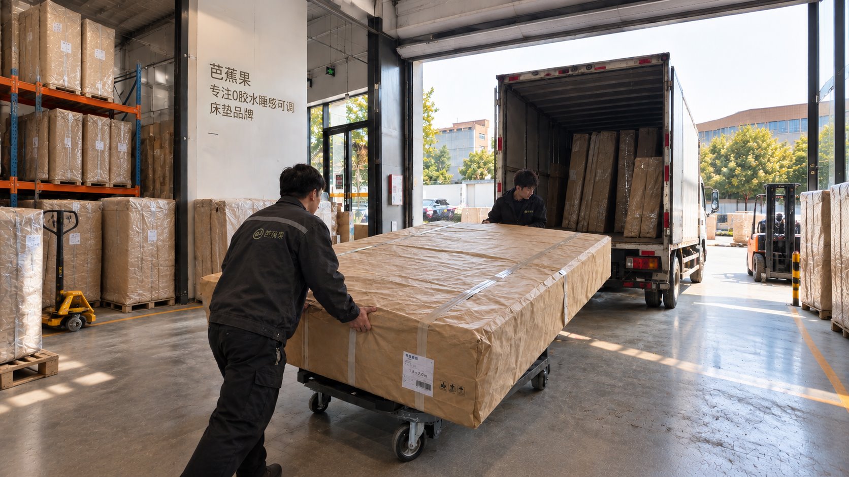 芭蕉果工作人员搬运包装床垫准备配送